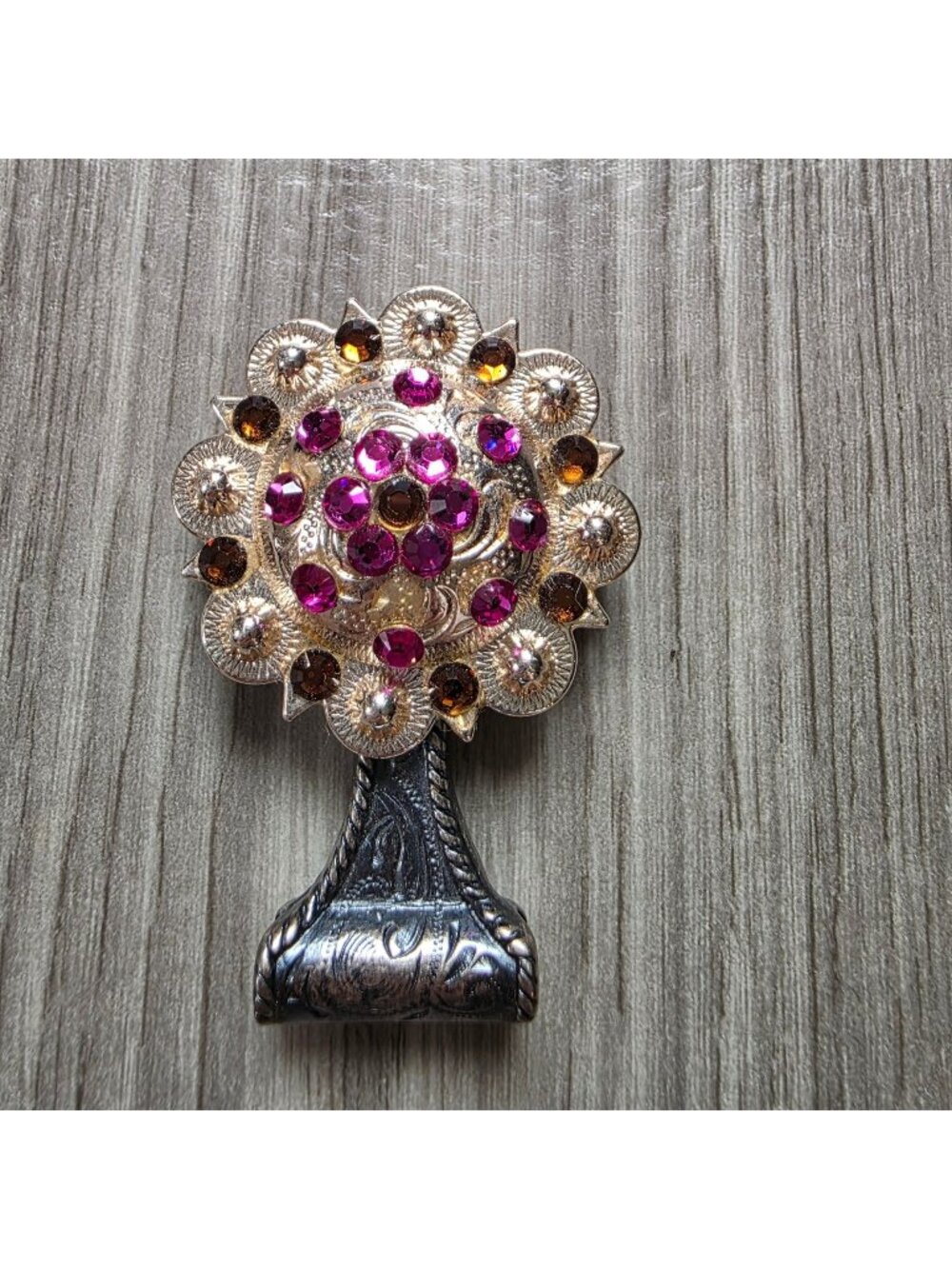 Vintage Trigg Leather Floral Rhinestone Saddle Concho Pink & Amber Crystals